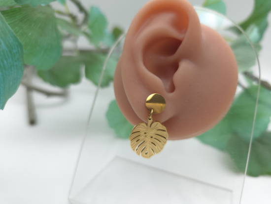 Preview: Monstera Ohrhänger mit Stecker Edelstahl